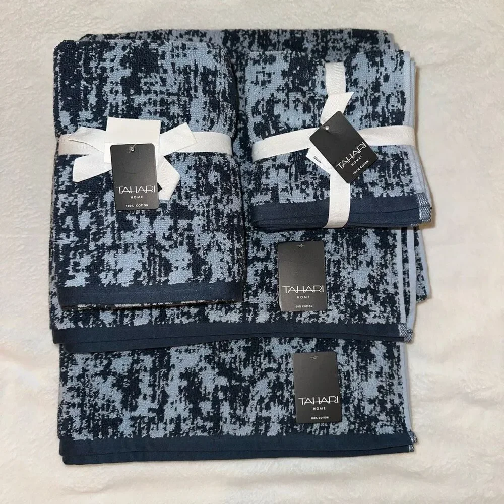 Tahari Home Bath Towel Set 8 Pieces Navy and Light Blue Abstract Pattern MWT